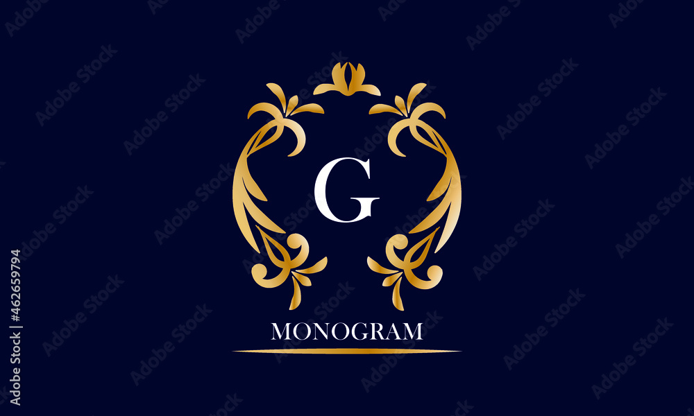 Obraz premium Golden elegant monogram on a black background with the inscription and the letter G in white. Vector heraldic illustration. Luxury ornament sign, restaurant, boutique, cafe, hotel