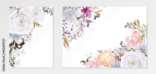 Minimal wedding invitation frame set; flowers, leaves, watercolor, isolated on white. Sketched wreath, floral and herbs garland with green. Hand-drawn Vector Watercolour style, nature art.