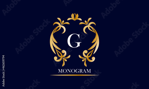 Golden elegant monogram on a black background with the inscription and the letter G in white. Vector heraldic illustration. Luxury ornament sign, restaurant, boutique, cafe, hotel