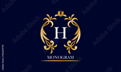 Golden elegant monogram on a black background with the inscription and the letter H in white. Vector heraldic illustration. Luxury ornament sign, restaurant, boutique, cafe, hotel