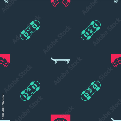 Set Skate park, Skateboard and Broken skateboard on seamless pattern. Vector