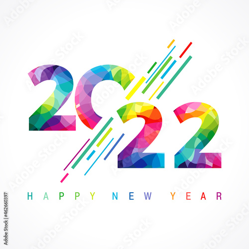 A Happy New Year 2022 congrats . Stained-glass logotype concept. 20 22 decorative numbers with modern linear geometric style. Abstract isolated graphic design template. Creative colour decoration.