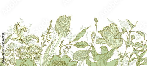 Floral frame set, line flowers, leaves, minimal vector, luxury background.	
