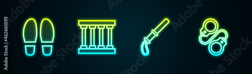 Set line Footsteps, Prison window, Police rubber baton and Handcuffs. Glowing neon icon. Vector