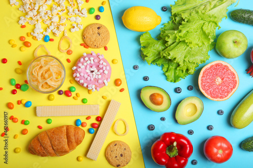 healthy foods and unhealthy foods on a colored background close-up top view.