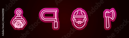 Set line Grapple crane grabbed a log, Hacksaw, Lumberjack and Wooden axe. Glowing neon icon. Vector