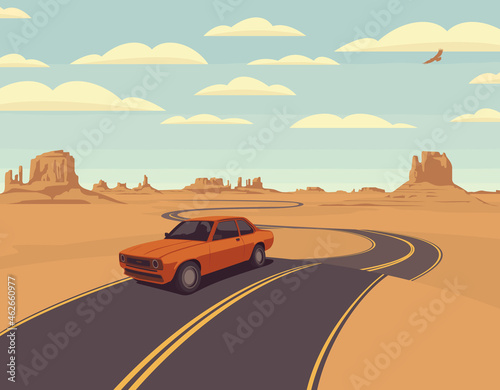Vector landscape with a highway and a single passing car in a rocky desert with clouds in the sky. Color cartoon illustration with barren western landscapes and endless winding road in retro style
