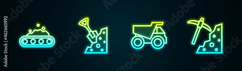 Set line Conveyor belt carrying coal, Shovel and stone, Mining dump truck and Pickaxe. Glowing neon icon. Vector