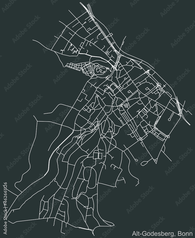 Detailed negative navigation urban street roads map on dark gray background of the quarter Alt-Godesberg sub-district of the German capital city of Bonn, Germany