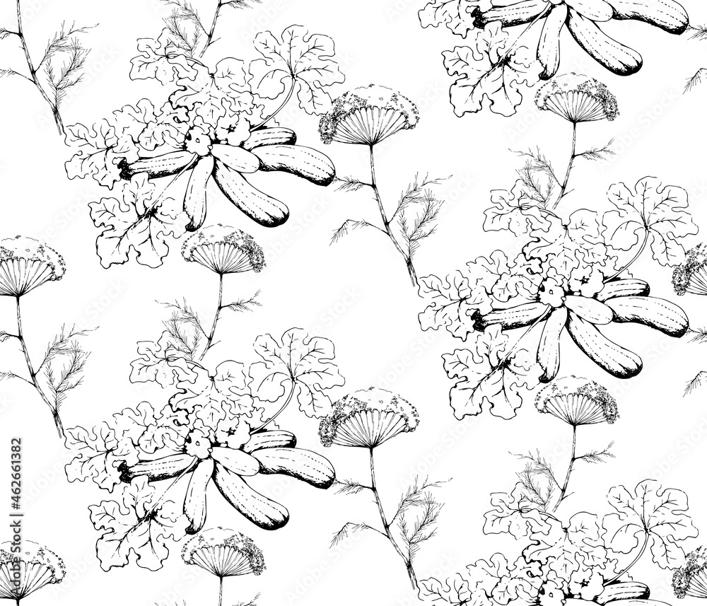 Seamless pattern. Zucchini is a plant, seasoning. Black and white coloring.
