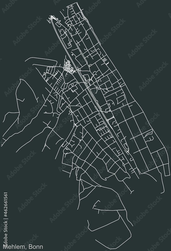 Detailed negative navigation urban street roads map on dark gray background of the quarter Mehlem sub-district of the German capital city of Bonn, Germany