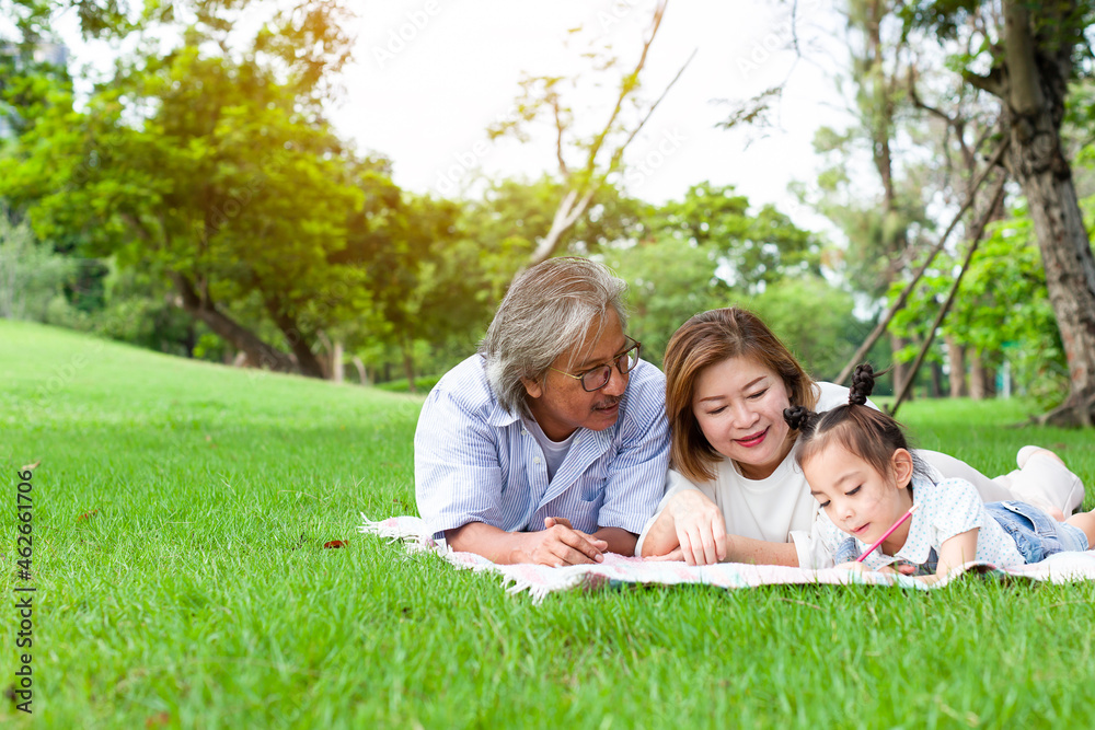 Fototapeta premium Grandfather and grandmother playing on the green grass with grandchildren in the park, Holiday with grandparents, Summer with grandparents, Concept family vacation lifestyle, Green nature background