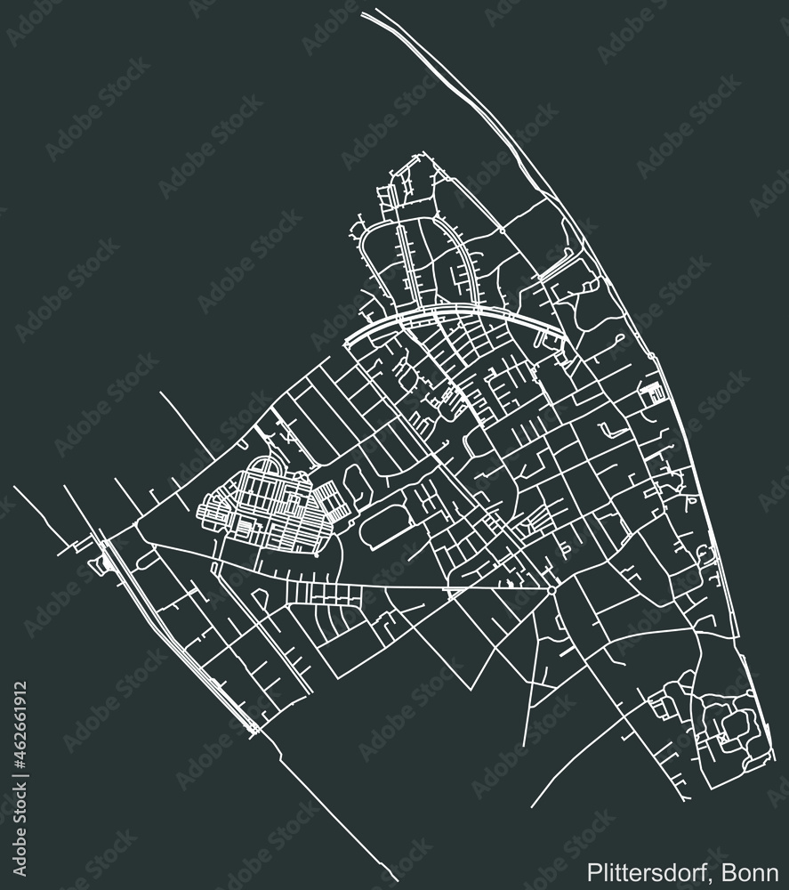 Detailed negative navigation urban street roads map on dark gray background of the quarter Plittersdorf sub-district of the German capital city of Bonn, Germany