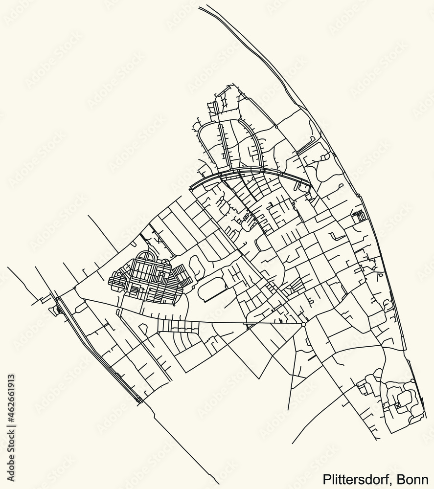 Detailed navigation urban street roads map on vintage beige background of the quarter Plittersdorf sub-district of the German capital city of Bonn, Germany