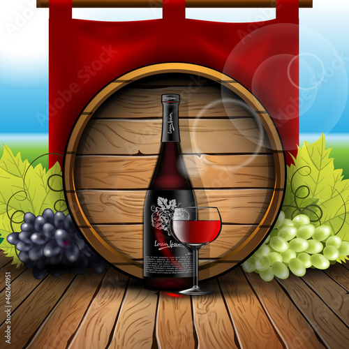 Composition with a bottle and a glass of wine against the background of barrels with grapes on the sides on a wooden floor.