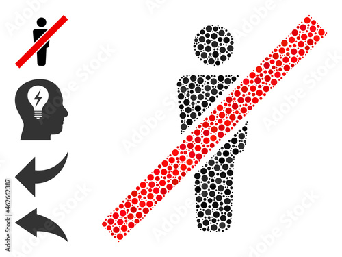 Circle combination remove man. Vector collage is based on remove man icon, and done of scattered spheric dots. Vector icon of remove man combined of randomized spheric dots.