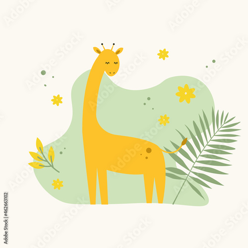 giraffe with flowers and plants on a light background, yellow green
