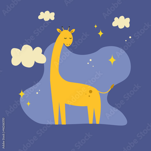giraffe sleeps against the background of stars and clouds