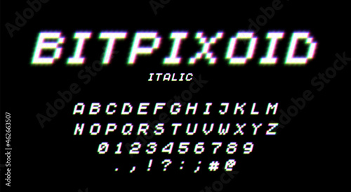 Retro 80s styled typeface with neon glow. Pixel video game 8bit font. Set of retro style latin capital letters, numbers and punctuation signs