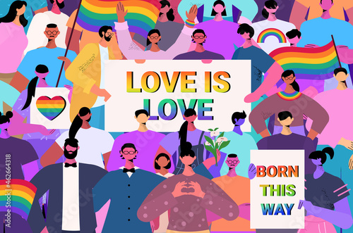 mix race people holding lgbt rainbow flags and placards gay lesbian love parade pride festival transgender love