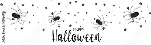 Halloween banner template. Realistic black spiders. Trick or treat party invitation card. Vector illustration.