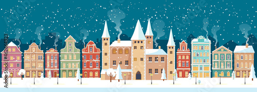 Snowy Christmas night in cozy town city panorama with castle. Winter village landscape, flat style, vector illustration