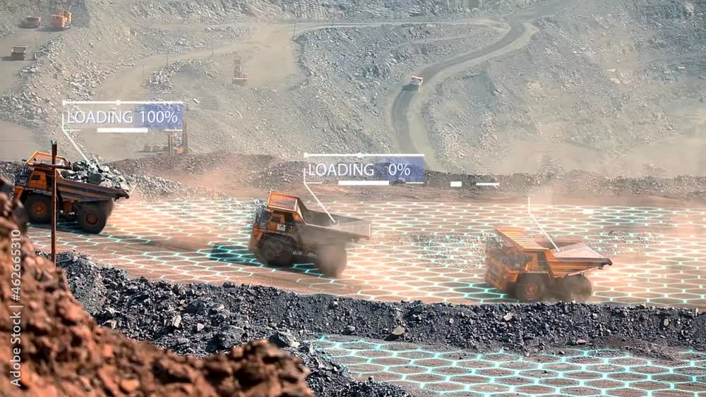 Three mining dump trucks in an iron ore open pit with infographics showing their fullness. Iron ore mining. Loaded 100 percent. Visualization of a modern quarry.