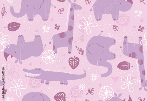 Pretty pink and purple safari animal characters in a seamless vector pattern. Vector patterns are great for backgrounds, wrapping paper, and surface designs.