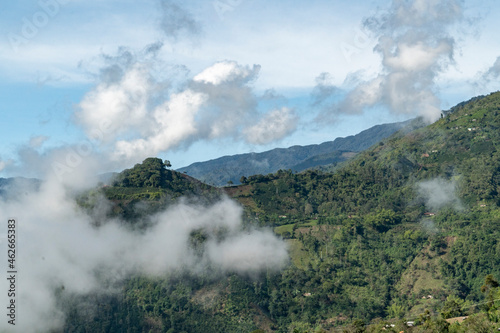 Landscape with mountains and fog in Tamesis, Antioquia, Colombia.