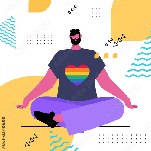 gay practicing yoga exercise in lotus pose LGBT parade pride festival transgender love concept