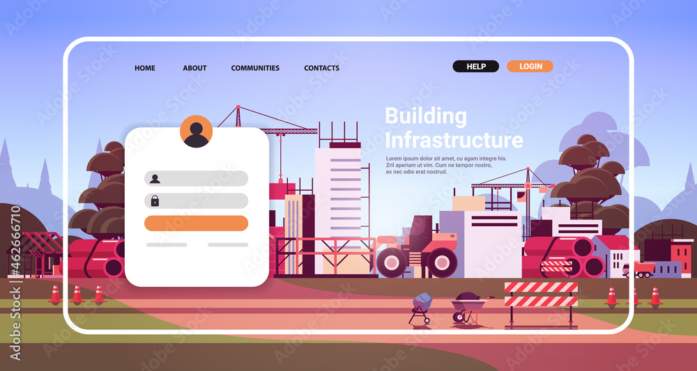 online building infrastructure website landing page template with construction site - obrazy, fototapety, plakaty 