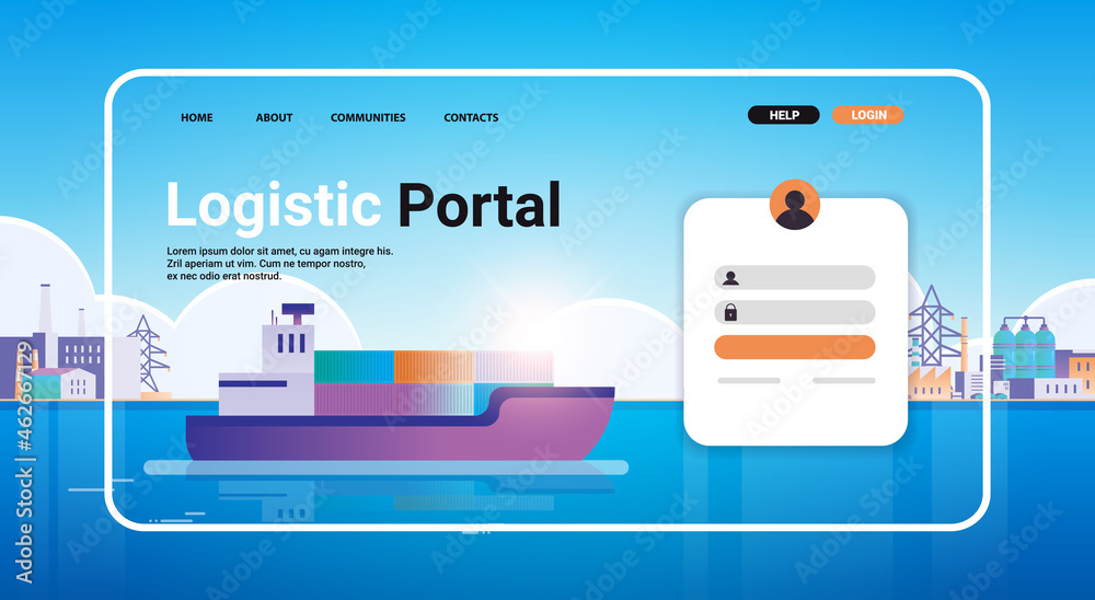 container ship loading in sea port website landing page template cargo logistics freight transportation concept horizontal copy space vector illustration - obrazy, fototapety, plakaty 