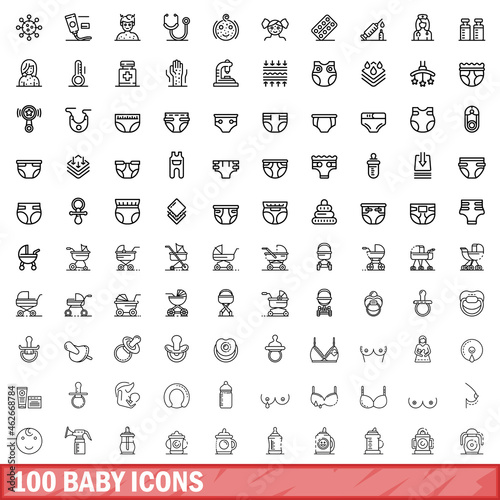 100 baby icons set. Outline illustration of 100 baby icons vector set isolated on white background