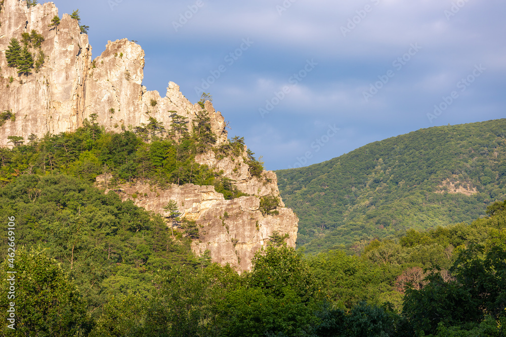 Steep Seneca Rocks cliff surrounded by lush green forest at Monongahela National Forest