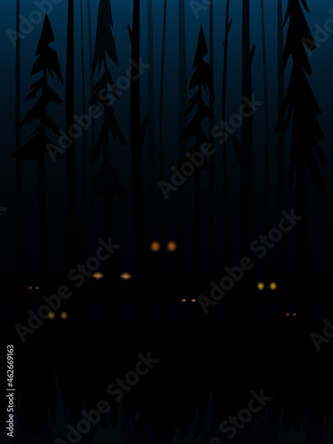 Halloween vector background with dark forest and creepy shining eyes