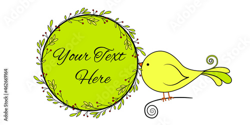 Vector frame. Little bird is holding a tag nest in the beak.