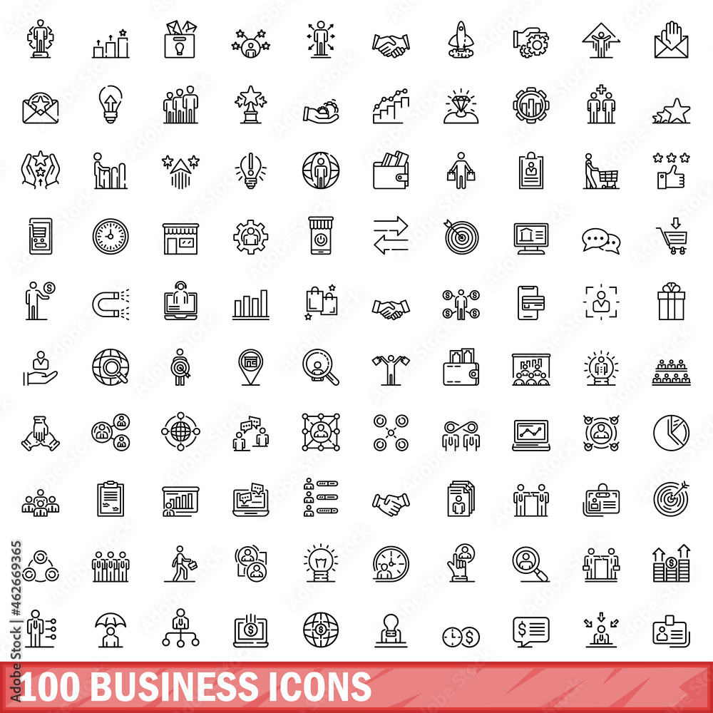 100 business icons set. Outline illustration of 100 business icons vector set isolated on white background 100 business icons set. Outline illustration of 100 business icons vector set isolated on white background