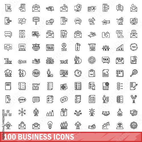 100 business icons set. Outline illustration of 100 business icons vector set isolated on white background