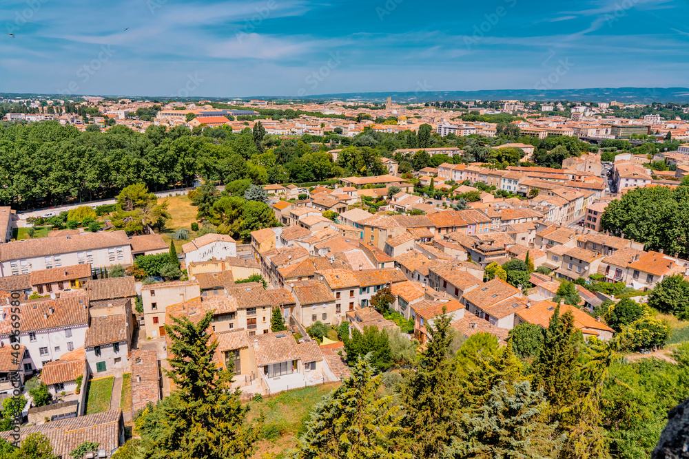 Panoramic View of medieval citadel Carcassonne from the castle walls of Carcassonne town. Ancient historical monuments of Europe on the South of France.