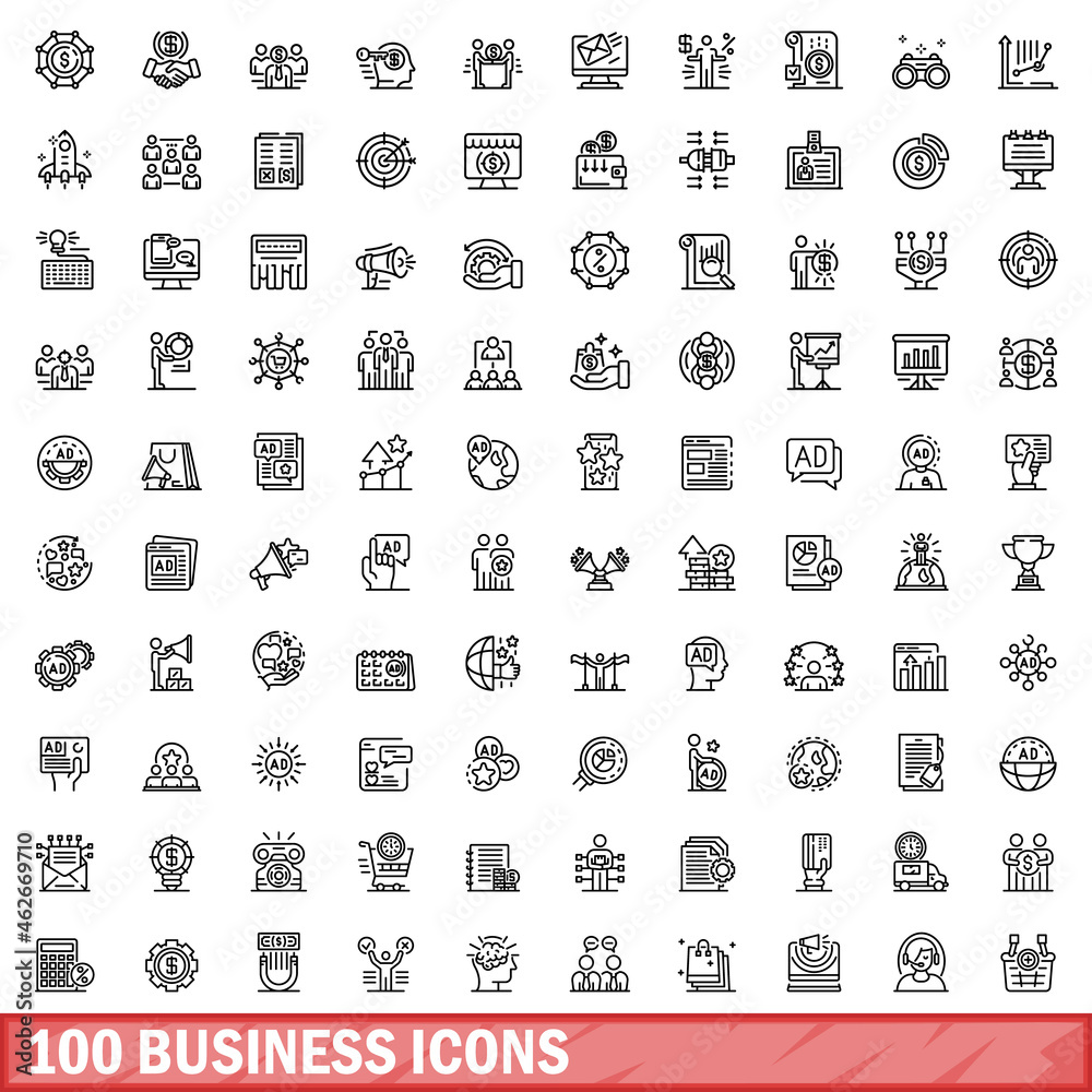 100 business icons set. Outline illustration of 100 business icons vector set isolated on white background 100 business icons set. Outline illustration of 100 business icons vector set isolated on white background