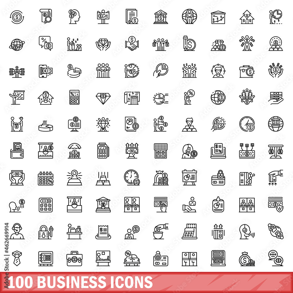 100 business icons set. Outline illustration of 100 business icons vector set isolated on white background 100 business icons set. Outline illustration of 100 business icons vector set isolated on white background