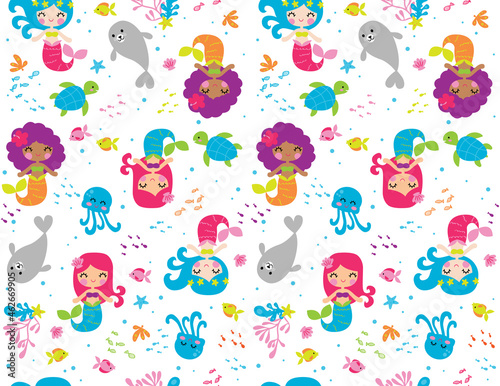 Fototapeta Naklejka Na Ścianę i Meble -  Super sweet vector illustration of cute mermaid friends and underwater wildlife. These pretty mermaids are arranged in a seamless pattern. Vector patterns are great for surface designs.