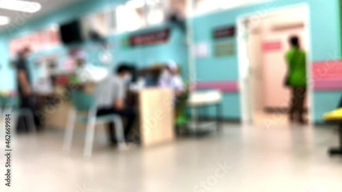 Blurred video of unidentified people and patients waiting to see the doctor at at reception desk with nurse in hospital in the scene. Waiting medicine concept. 4k video footage.