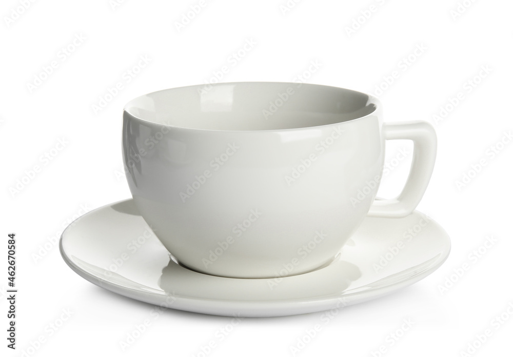 Empty ceramic cup and saucer isolated on white