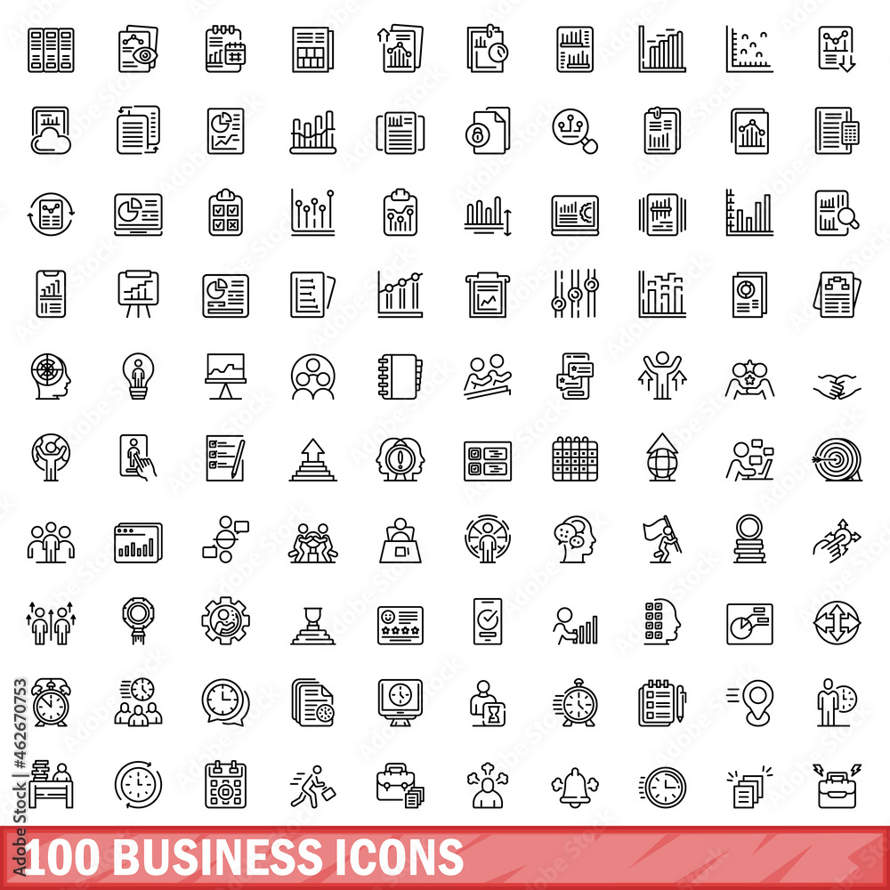 100 business icons set. Outline illustration of 100 business icons vector set isolated on white background