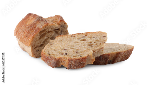 Pieces of fresh buckwheat baguette on white background