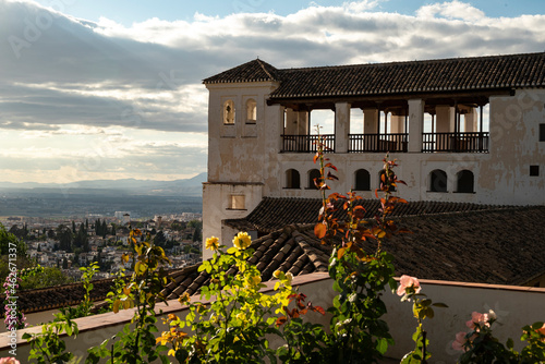 The Generalife Palace (Palacio de Generalife) seen from the upper gardens, Alhambra de Granada UNESCO World Heritage Site, Granada, Andalusia, Spain