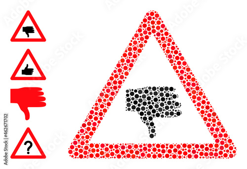 Round dot collage thumb down warning. Vector collage is based on thumb down warning icon, and constructed of random spheric items. Vector icon of thumb down warning created with random circle items.