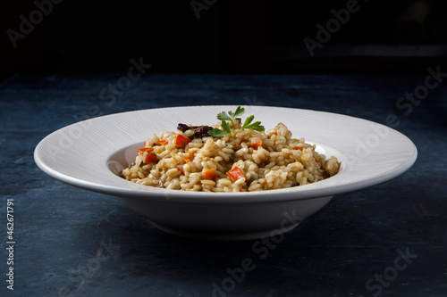 Risotto, Italian rice with mushrooms, vegetables and parsley served on white porcelain plate