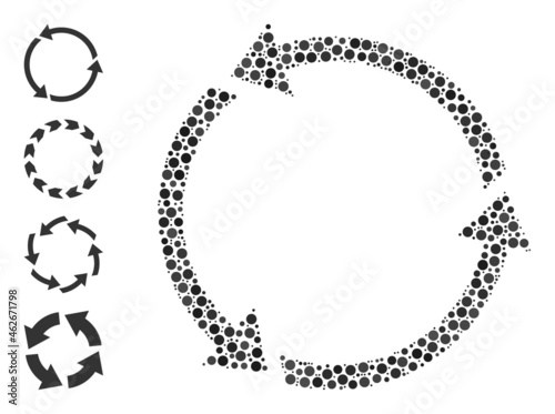 Circle composition recycle. Vector mosaic is based on recycle icon, and made of scattered circle elements. Vector icon of recycle created of irregular round dots.